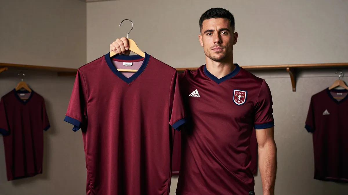 A Leyton Orient player in a claret and blue kit, standing in the restored 1956 dressing room, holding a historic shirt