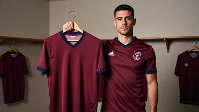 A Leyton Orient player in a claret and blue kit, standing in the restored 1956 dressing room, holding a historic shirt