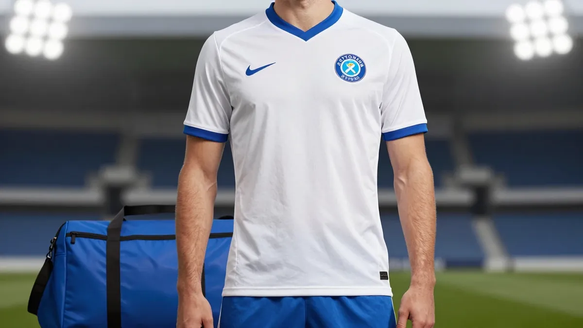 A photorealistic image of an anonymous Leyton Orient player in a white shirt with a blue collar and blue shorts, with a...